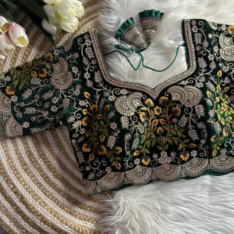 Heavy Embroidery Multi Thread Velvet Cutwork Blouse