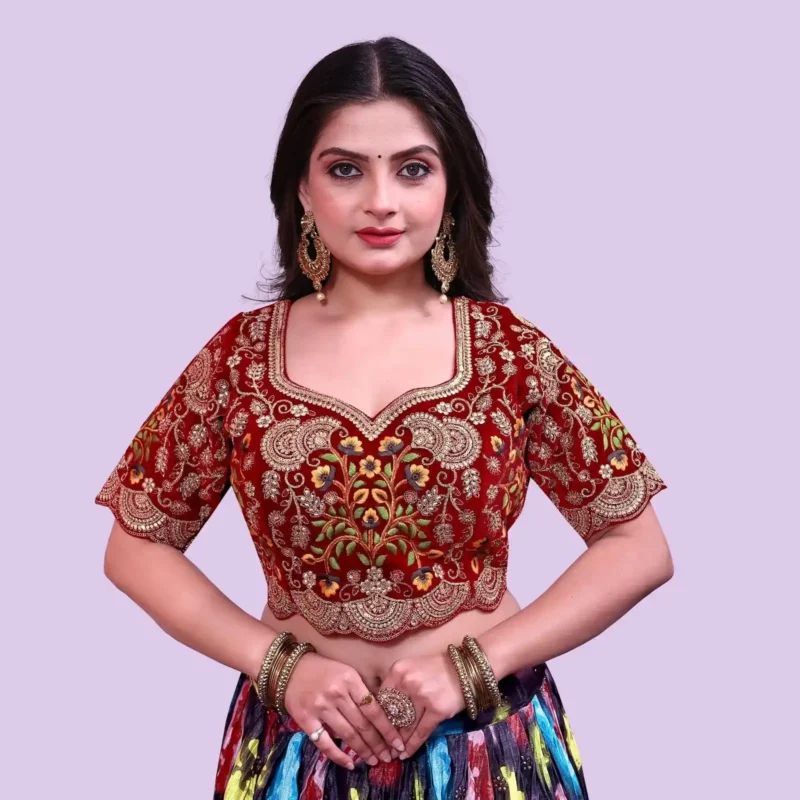 Heavy Embroidery Multi Thread Velvet Cutwork Blouse