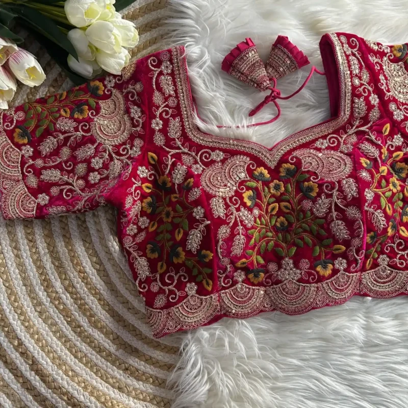 Heavy Embroidery Multi Thread Velvet Cutwork Blouse