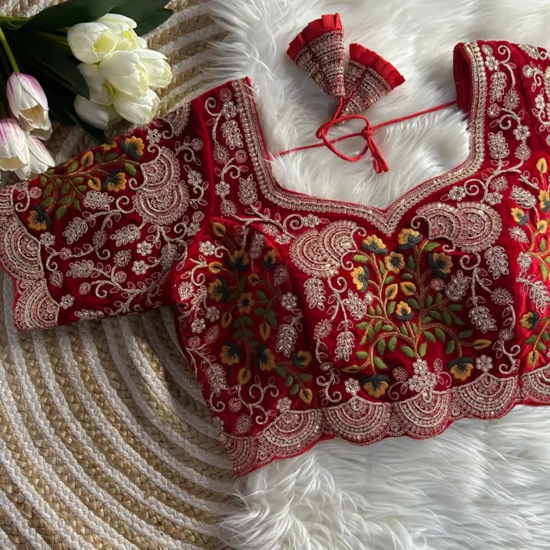Heavy Embroidery Multi Thread Velvet Cutwork Blouse