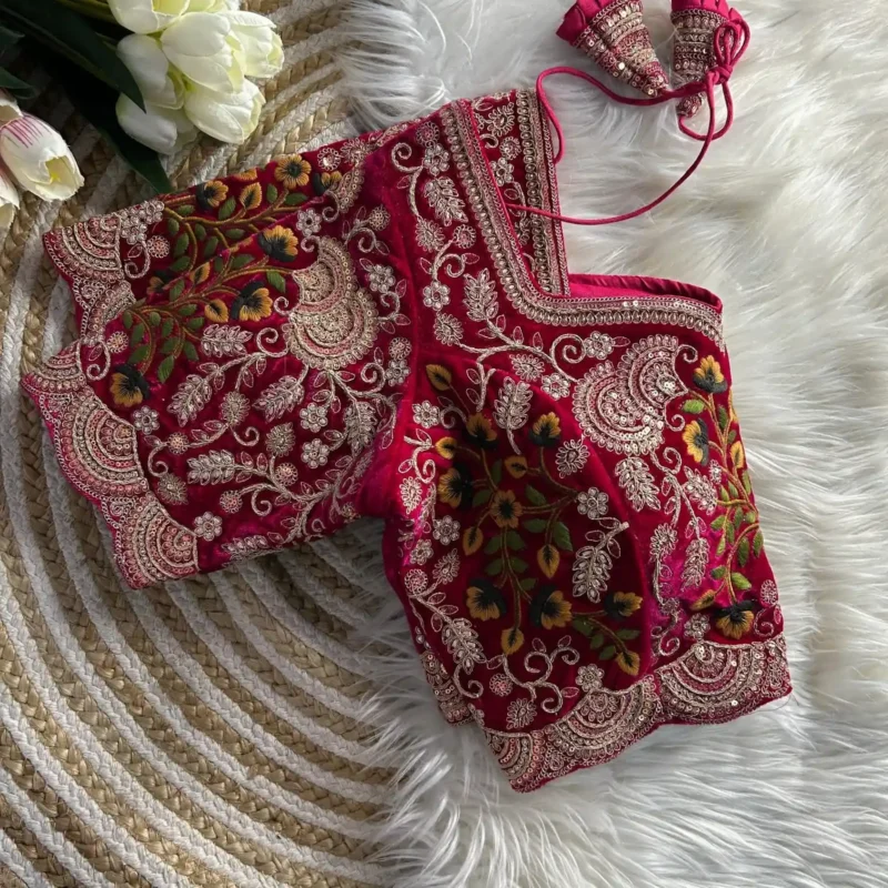 Heavy Embroidery Multi Thread Velvet Cutwork Blouse