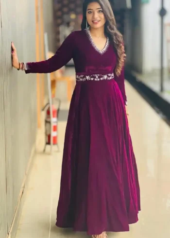 Wine Color Heavy Embroidery Sequence Work Designer Velvet Gown with Belt