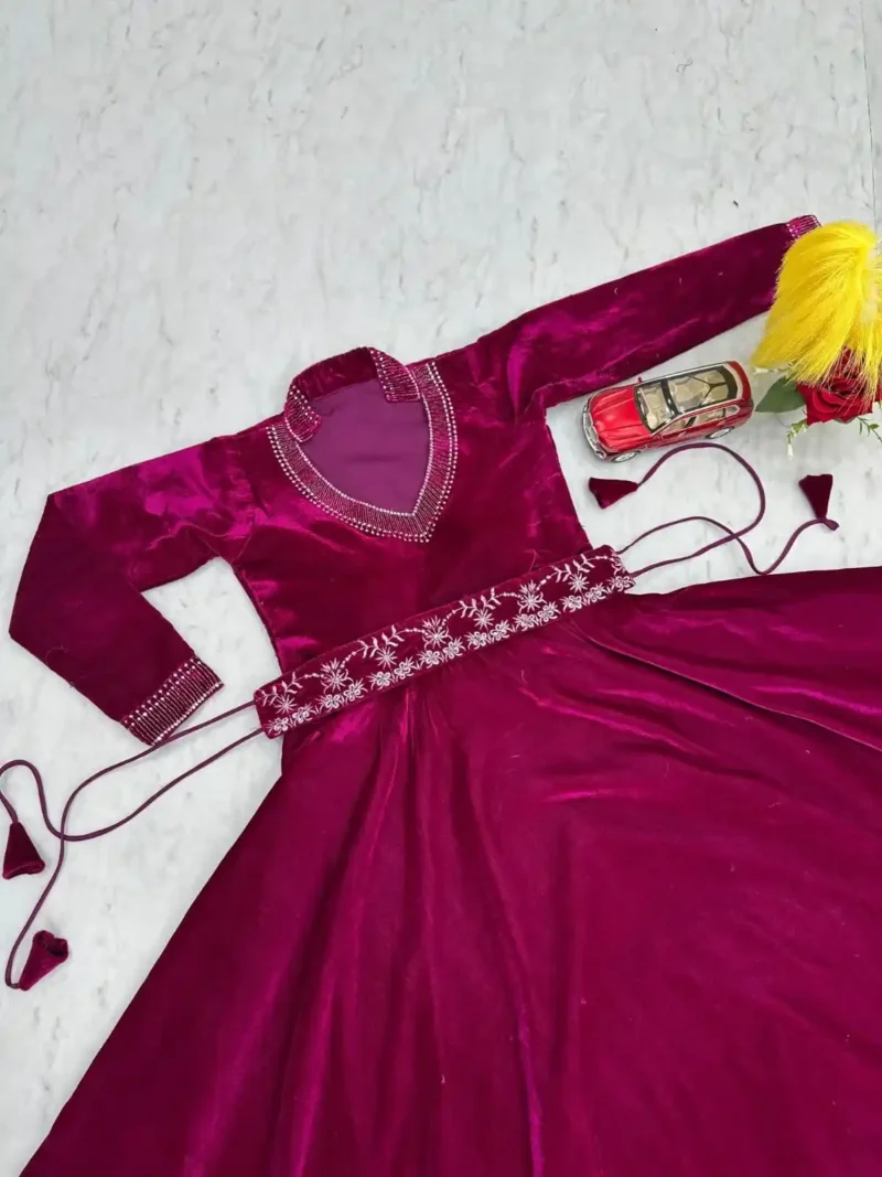Wine Color Heavy Embroidery Sequence Work Designer Velvet Gown with Belt