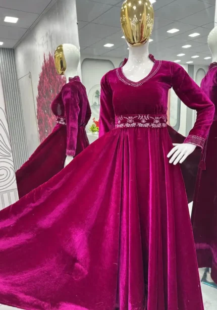 Wine Color Heavy Embroidery Sequence Work Designer Velvet Gown with Belt