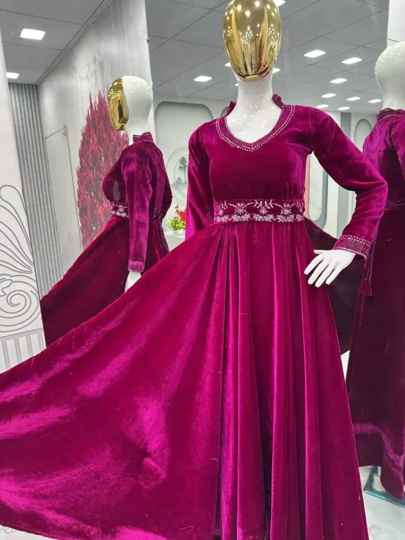Wine Color Heavy Embroidery Sequence Work Designer Velvet Gown with Belt