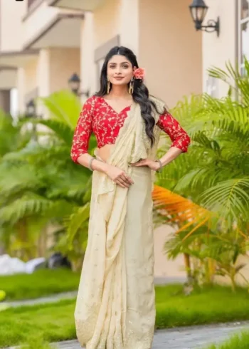 Off white color Heavy Soft Organza Zari Embroidery Work Saree for Party
