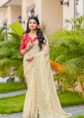 Off white color Heavy Soft Organza Zari Embroidery Work Saree for Party