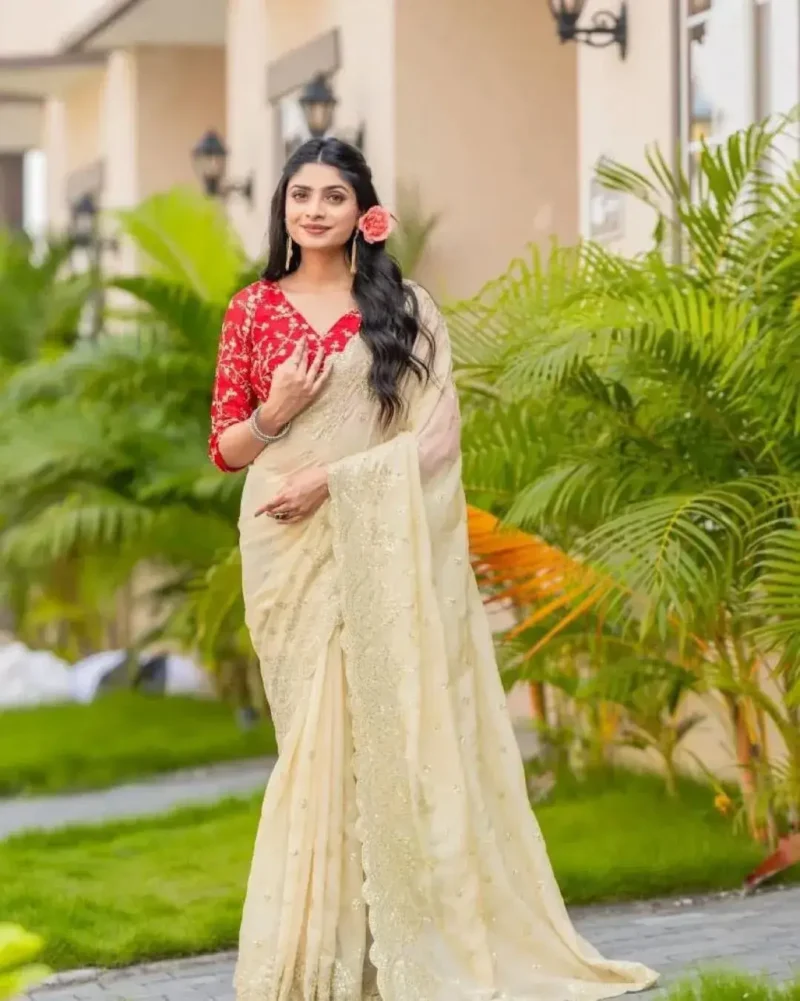 Off white color Heavy Soft Organza Zari Embroidery Work Saree for Party