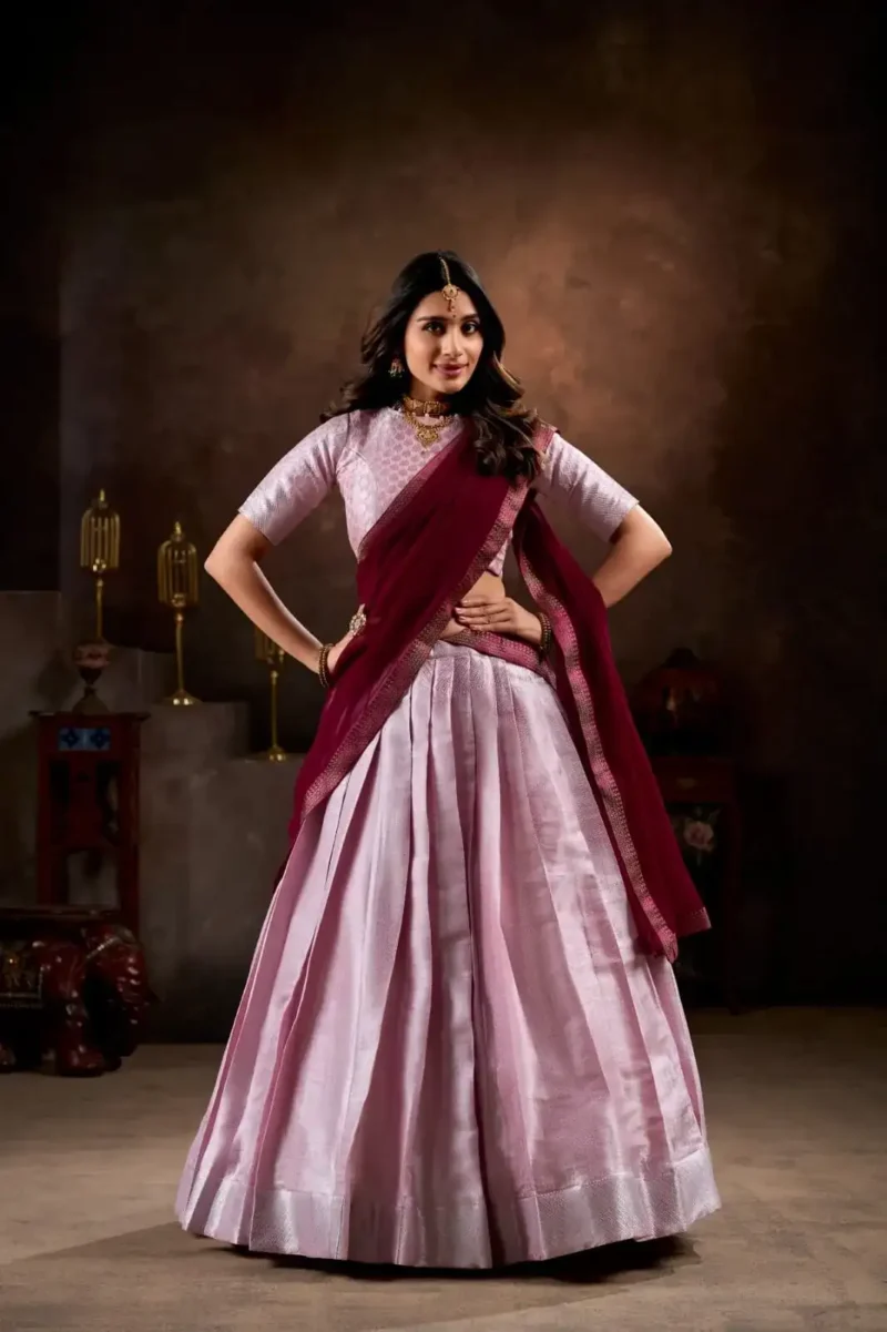 Jacquard Silk Weaving Work Half Saree South Indian Lehenga