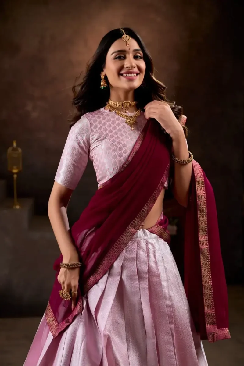 Jacquard Silk Weaving Work Half Saree South Indian Lehenga