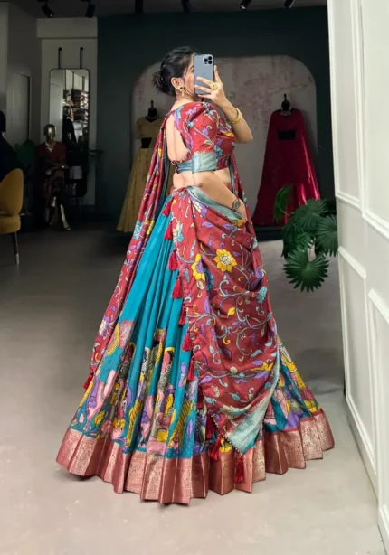 Jacquard Silk Zari Weaving Border Kalamkari Printed Lehenga for Women