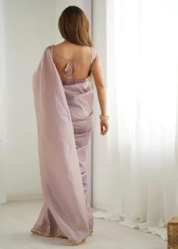 Ligh Pink Gold Crush Tissue Silk Stitched Party Wear Saree