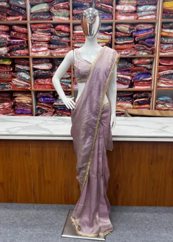 Ligh Pink Gold Crush Tissue Silk Stitched Party Wear Saree