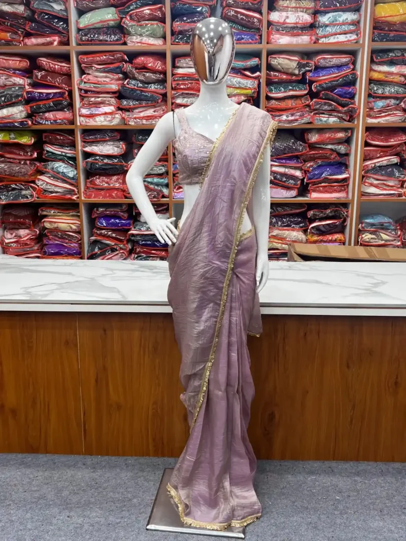 Ligh Pink Gold Crush Tissue Silk Stitched Party Wear Saree