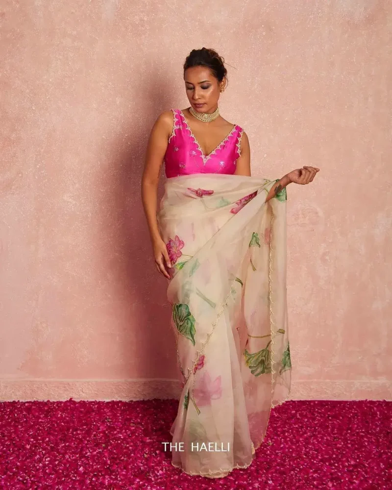 Cut Dana Handwork Floral Printed Soft Organza Designer Saree
