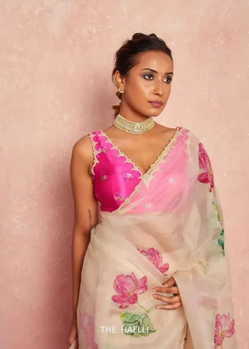 Cut Dana Handwork Floral Printed Soft Organza Designer Saree