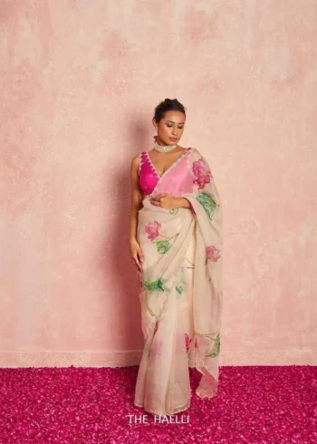 Cut Dana Handwork Floral Printed Soft Organza Designer Saree