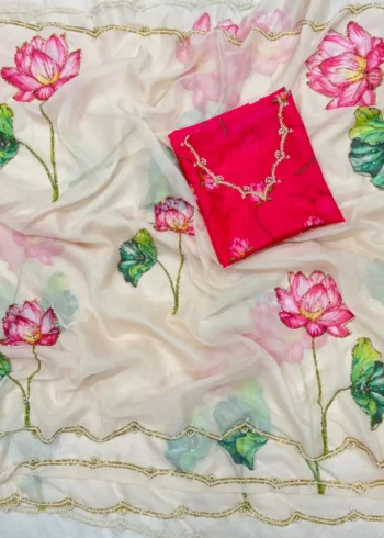 Cut Dana Handwork Floral Printed Soft Organza Designer Saree