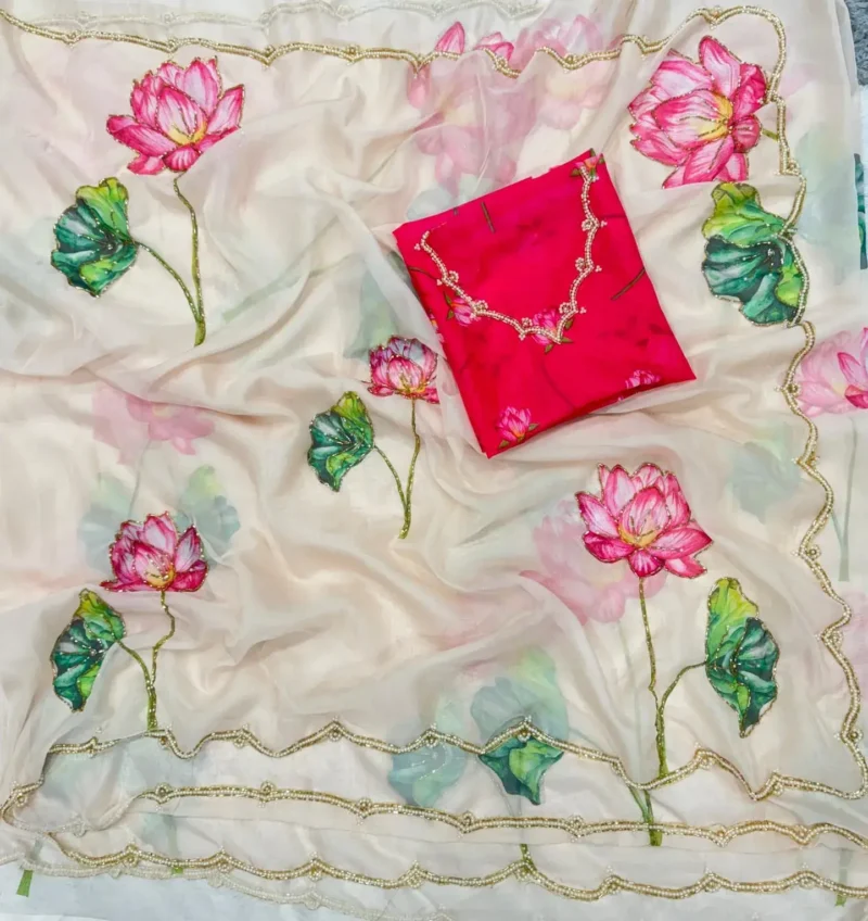 Cut Dana Handwork Floral Printed Soft Organza Designer Saree