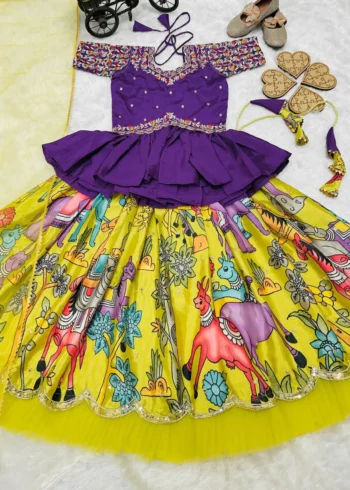 Yellow Kediya Style Chinon Embroidered Kids Lehenga Choli