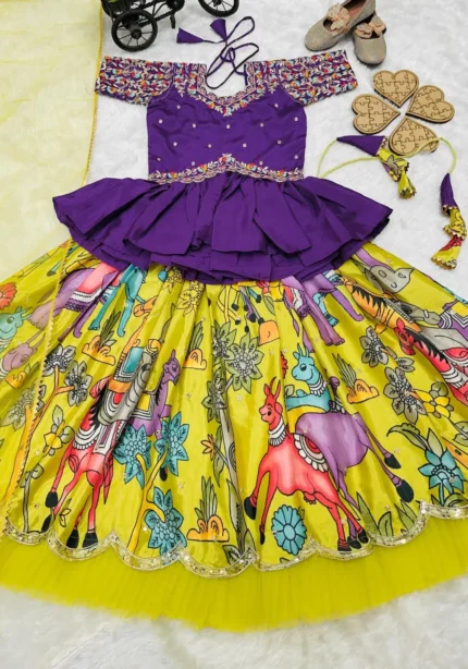 Yellow Kediya Style Chinon Embroidered Kids Lehenga Choli