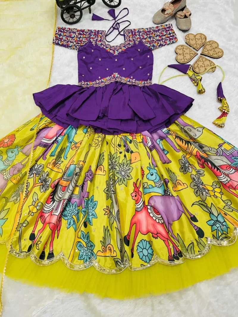 Yellow Kediya Style Chinon Embroidered Kids Lehenga Choli