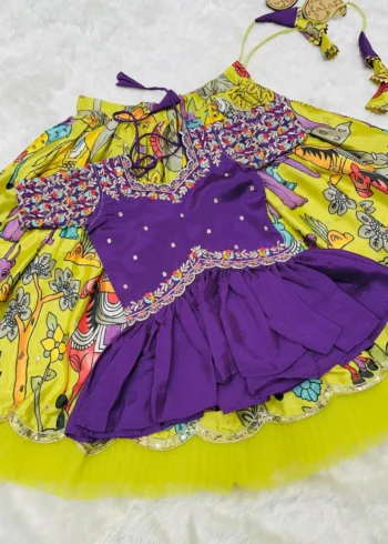 Yellow Kediya Style Chinon Embroidered Kids Lehenga Choli