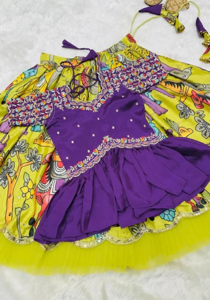 Yellow Kediya Style Chinon Embroidered Kids Lehenga Choli