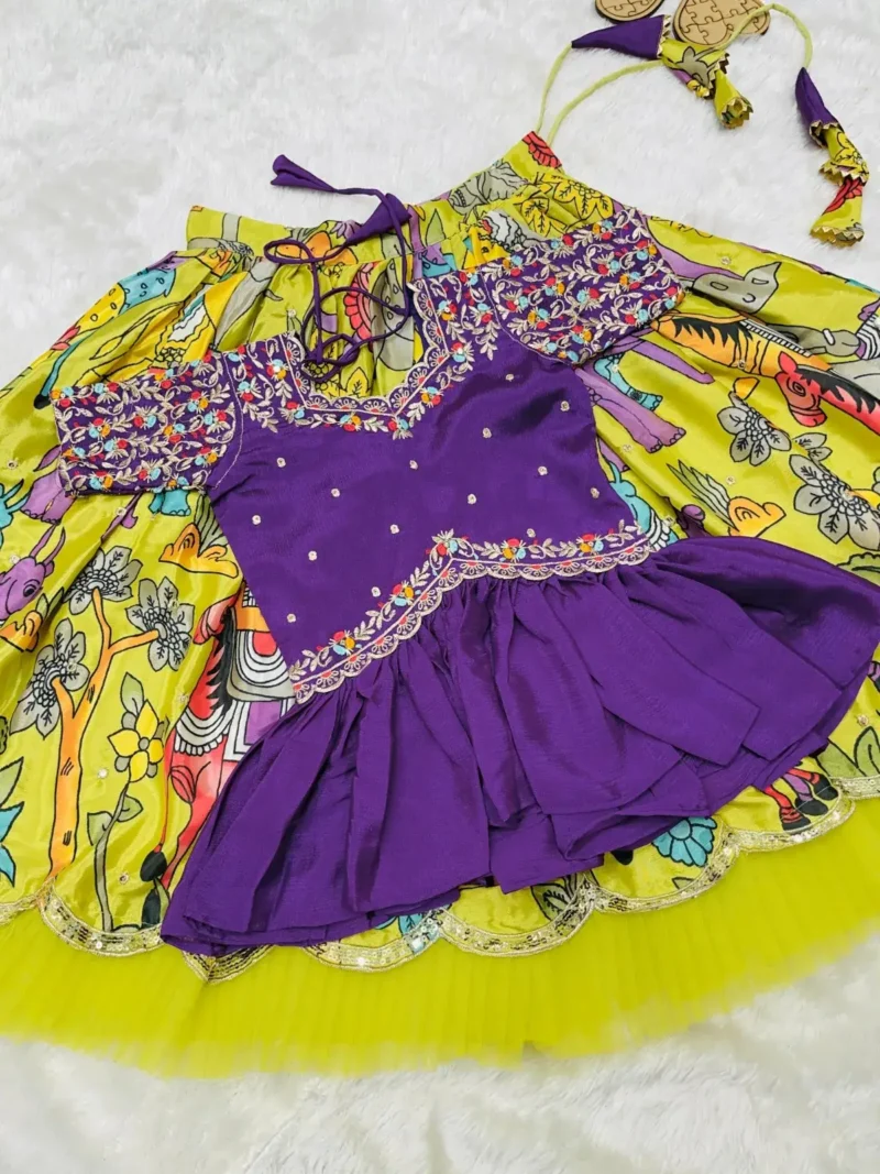 Yellow Kediya Style Chinon Embroidered Kids Lehenga Choli