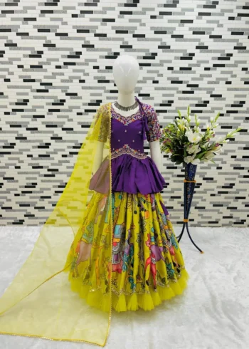 Yellow Kediya Style Chinon Embroidered Kids Lehenga Choli