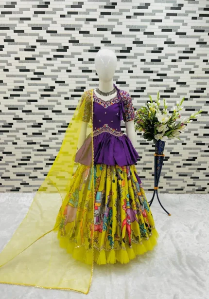 Yellow Kediya Style Chinon Embroidered Kids Lehenga Choli