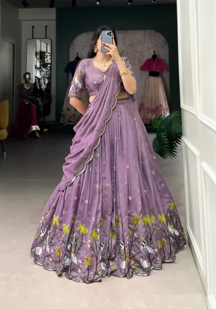 Lavender Color Vichitra Simmer Sequins and Thread Embroidery Work Party Wear & Wedding Lehenga