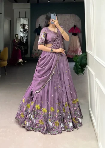 Lavender Color Vichitra Simmer Sequins and Thread Embroidery Work Party Wear & Wedding Lehenga