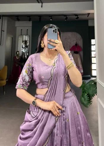 Lavender Color Vichitra Simmer Sequins and Thread Embroidery Work Party Wear & Wedding Lehenga