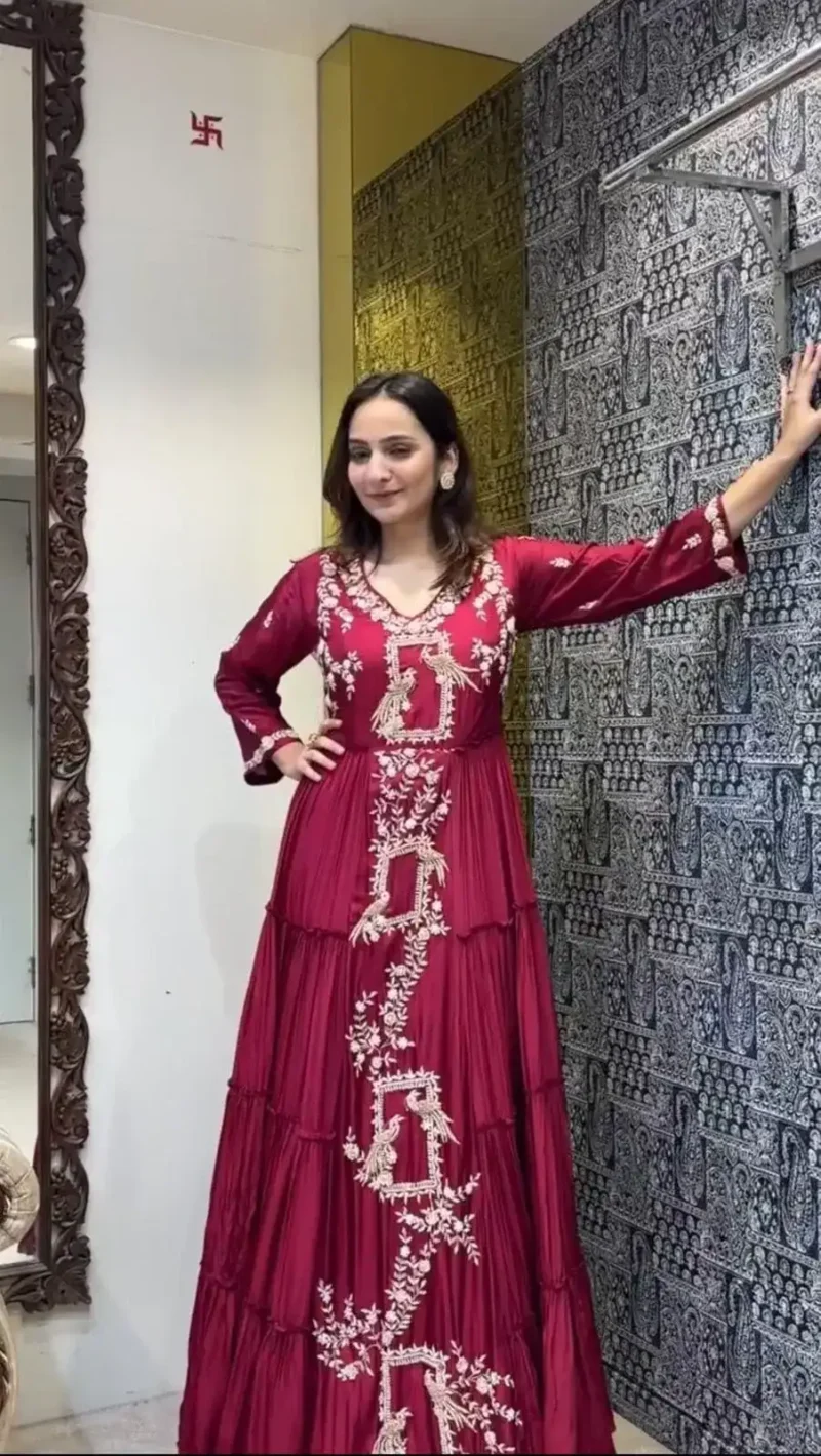 Maroon Colour Chinon Heavy Embroidery Sequence Work Designer Party Wear Gown