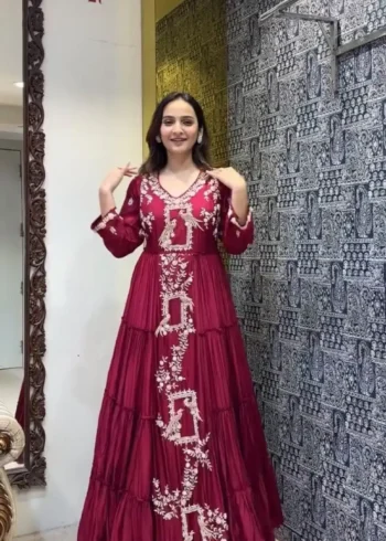 Maroon Colour Chinon Heavy Embroidery Sequence Work Designer Party Wear Gown