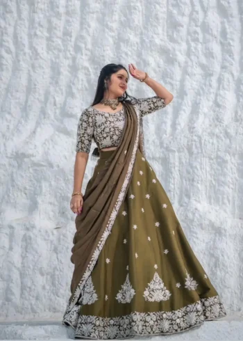 Mehendi Green Color Chinon Embroidery Thread Work Lehenga Choli