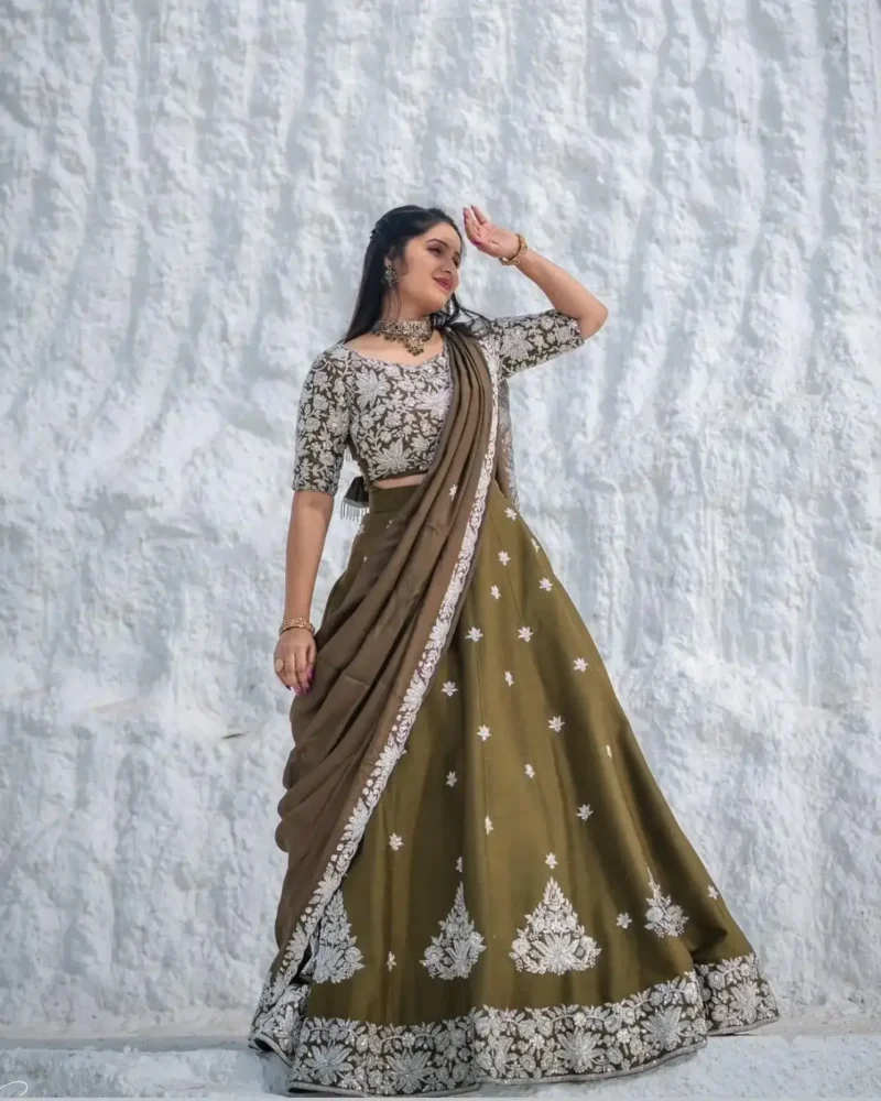 Mehendi Green Color Chinon Embroidery Thread Work Lehenga Choli
