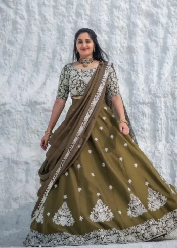 Mehendi Green Color Chinon Embroidery Thread Work Lehenga Choli