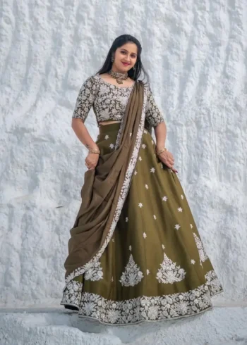 Mehendi Green Color Chinon Embroidery Thread Work Lehenga Choli