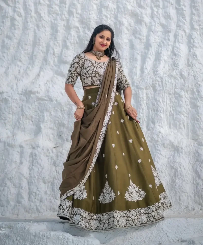 Mehendi Green Color Chinon Embroidery Thread Work Lehenga Choli