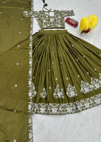 Mehendi Green Color Chinon Embroidery Thread Work Lehenga Choli