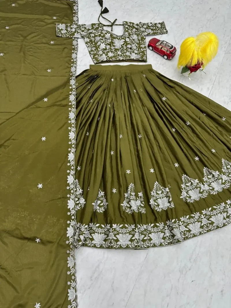 Mehendi Green Color Chinon Embroidery Thread Work Lehenga Choli