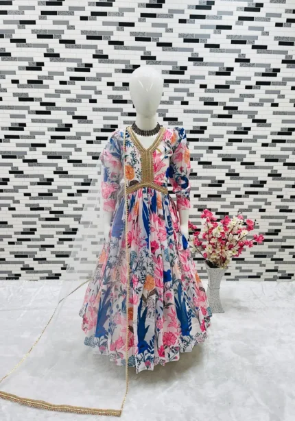 Multi Color Digital Printed Partywear Gown for Kids