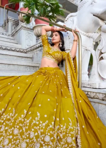 Mustard Color Vichitra Silk Sequins & Thread Embroidered Lehenga for Haldi