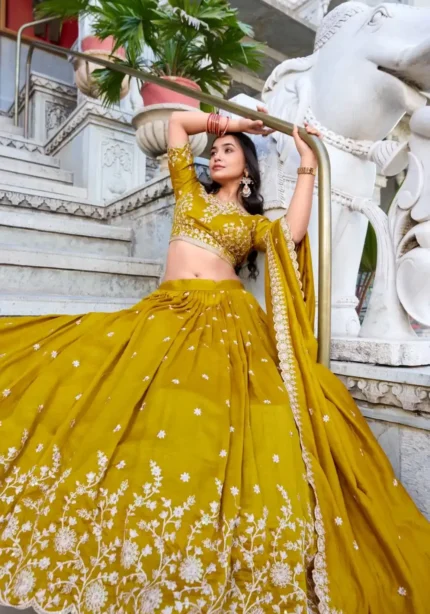 Mustard Color Vichitra Silk Sequins & Thread Embroidered Lehenga for Haldi