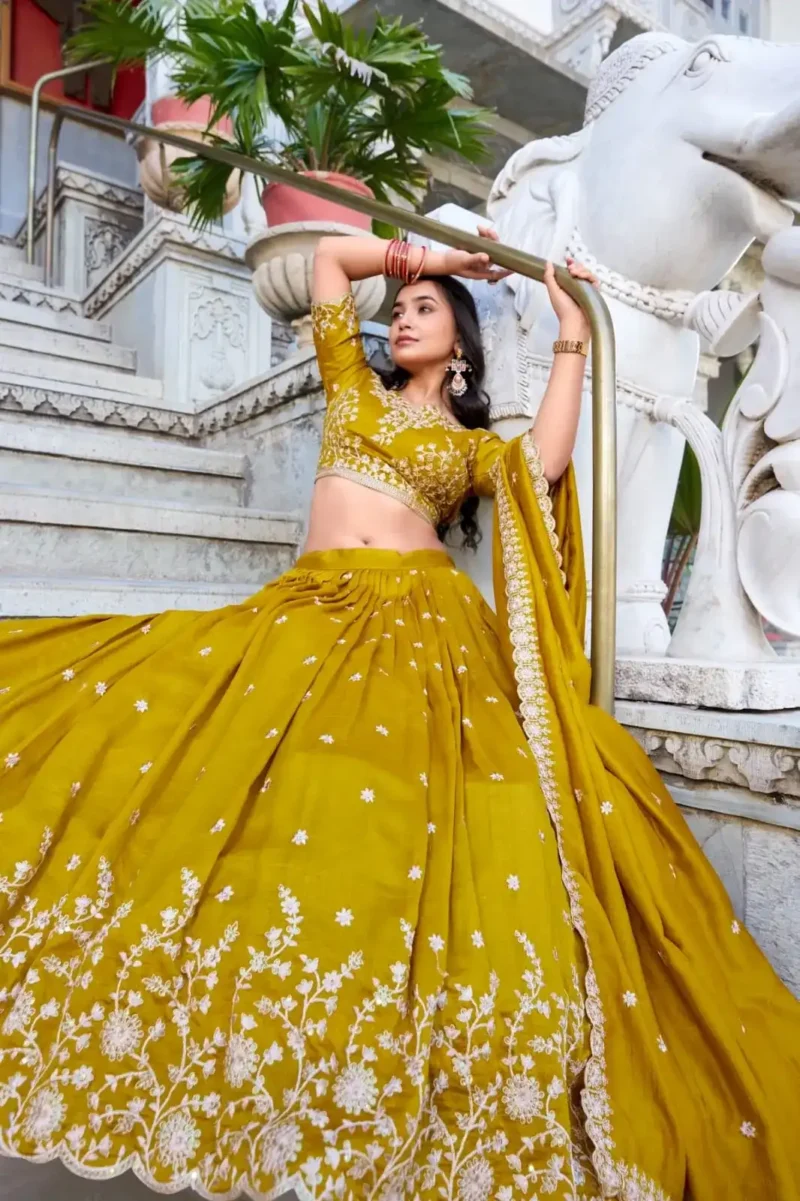 Mustard Color Vichitra Silk Sequins & Thread Embroidered Lehenga for Haldi