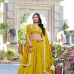 Mustard Color Vichitra Silk Sequins & Thread Embroidered Lehenga for Haldi