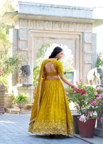 Mustard Color Vichitra Silk Sequins & Thread Embroidered Lehenga for Haldi