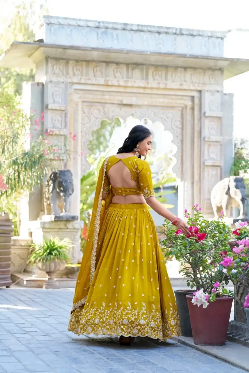 Mustard Color Vichitra Silk Sequins & Thread Embroidered Lehenga for Haldi